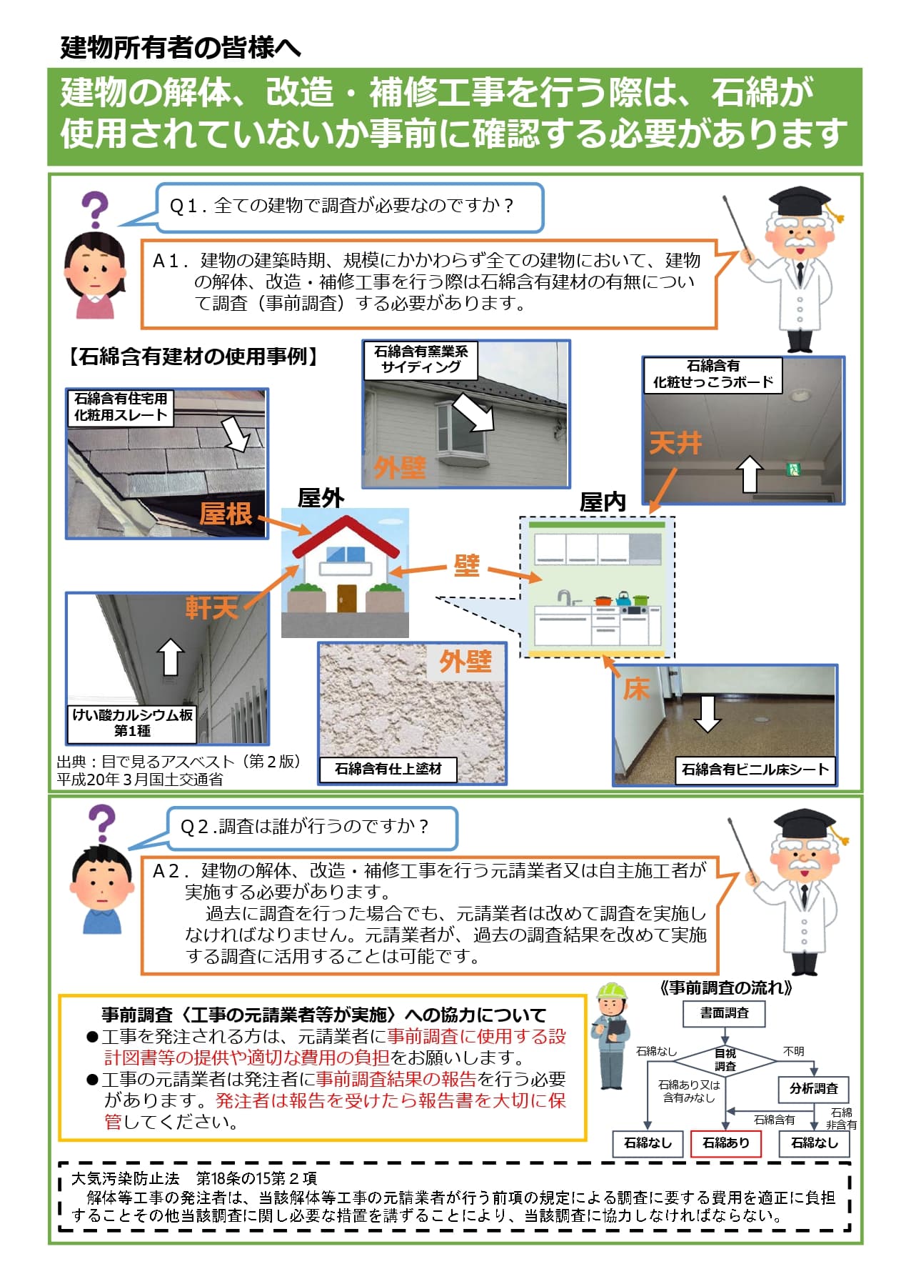 建築物、工作物　石綿含有事前調査、施工